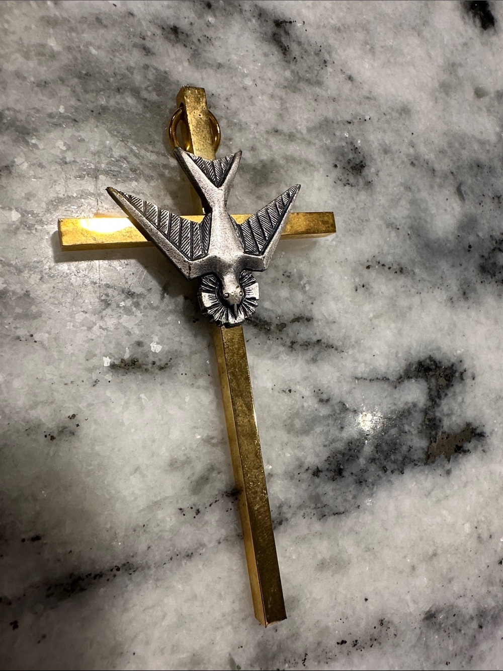 VINTAGE- Gold Tone Confirmation Cross with Silver Dove Pendant